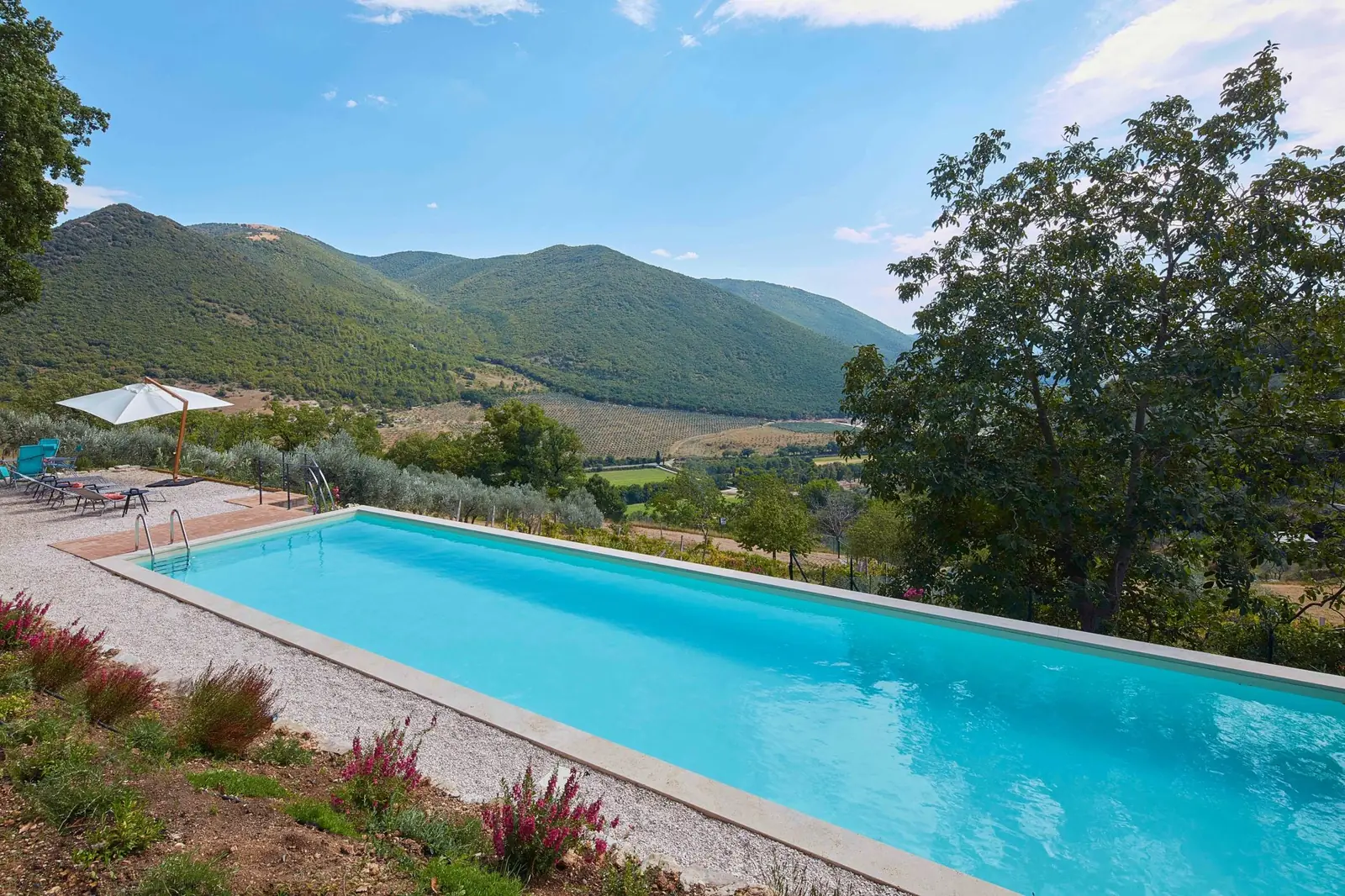 The pool at Casa Ventinove, looking across olive groves to the hills of the Spoleto valley